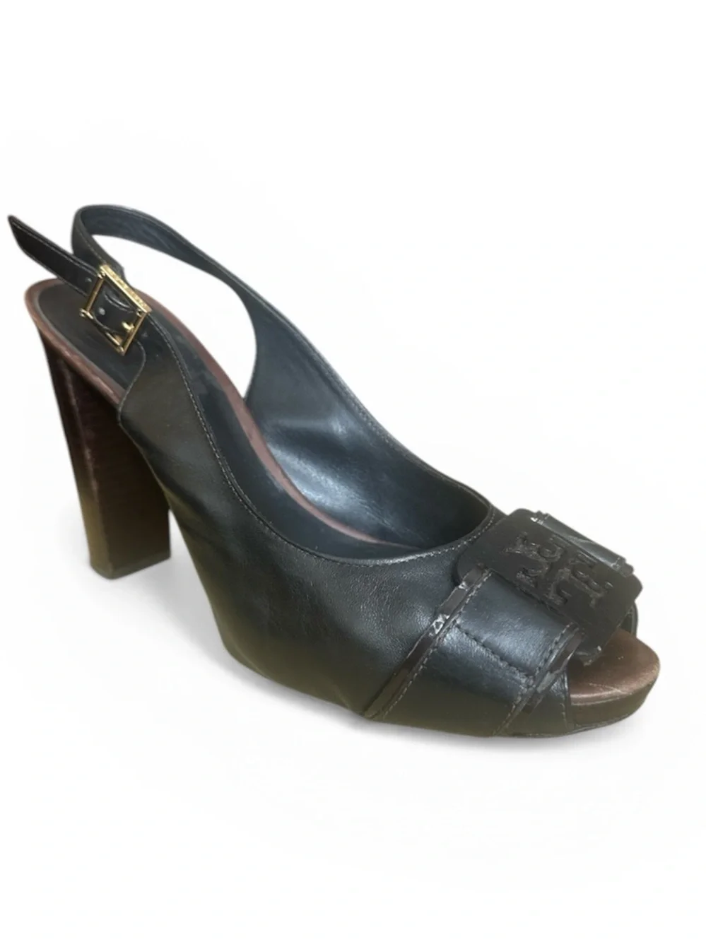 Tory Burch Black Leather Slingback Peep-Toe Heels with Buckle Detail Size 8.5